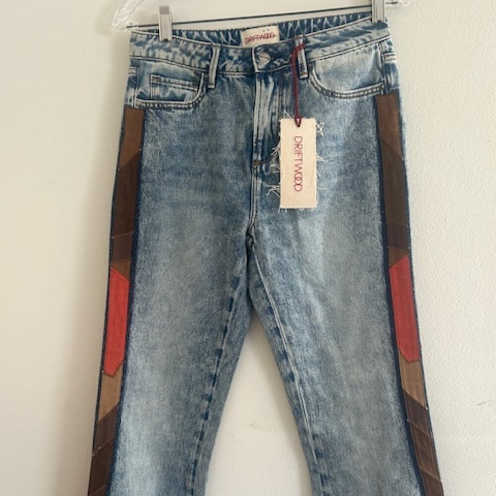 DRIFTWOOD Light Wash Flare Jeans with Brown & Red Leather Inset